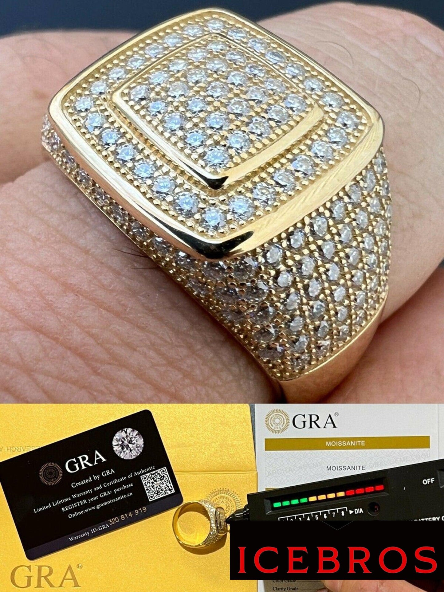 Solid 10k Yellow Gold Men's Hip Hop Iced Moissanite Ring - Pass Diamond Tester