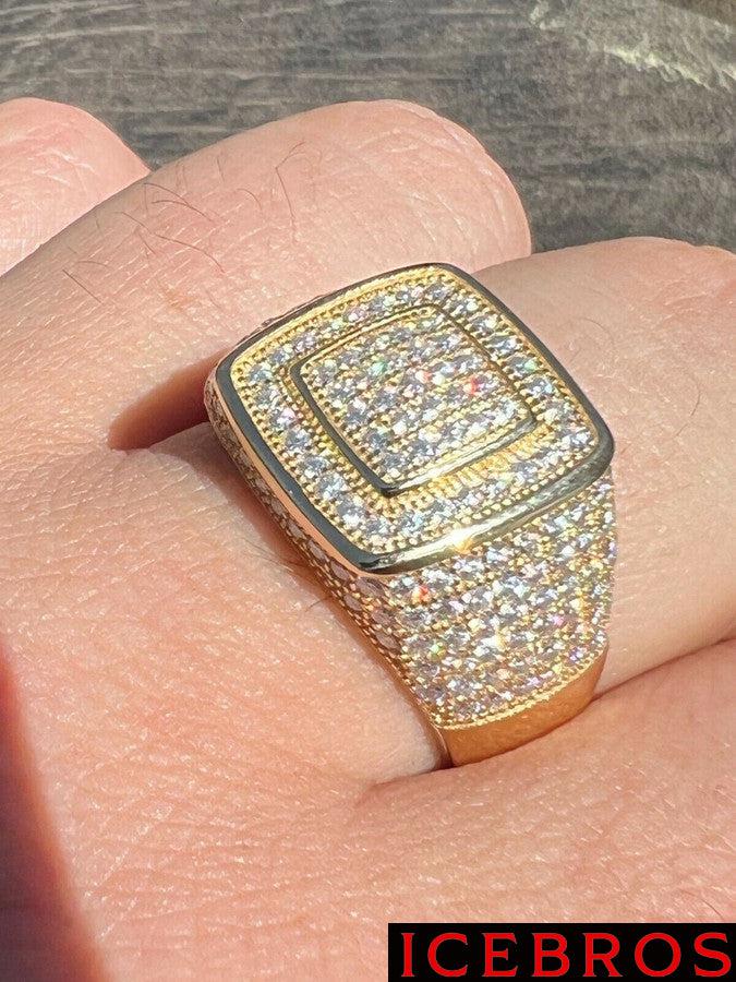 Solid 10k Yellow Gold Men's Hip Hop Iced Moissanite Ring - Pass Diamond Tester