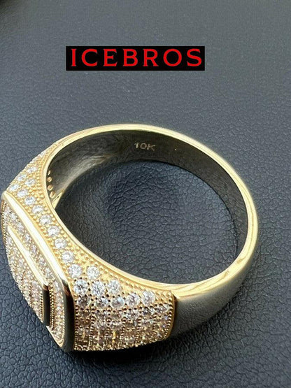 Solid 10k Yellow Gold Men's Hip Hop Iced Moissanite Ring - Pass Diamond Tester