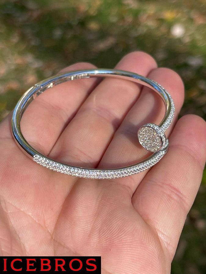 Real 925 Sterling Silver Iced Diamond Nail Bangle Bracelet 6-7.5inch Mens Ladies