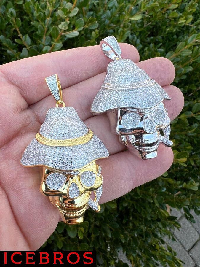 14k Gold Vermeil Skeleton MOISSANITE Skull Head In Fedora Hat Smoking Iced Necklace Pendant