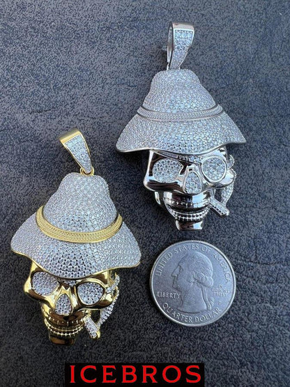 14k Gold Vermeil Skeleton MOISSANITE Skull Head In Fedora Hat Smoking Iced Necklace Pendant