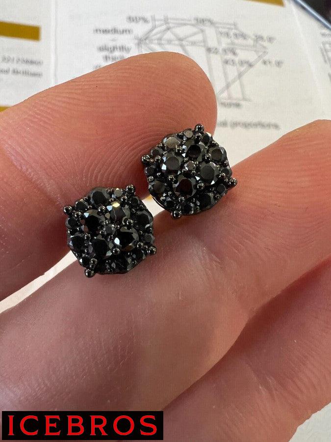 Black Moissanite 925 Silver Hip Hop Earrings Cluster Studs Pass Diamond Tester (Black Rhodium)