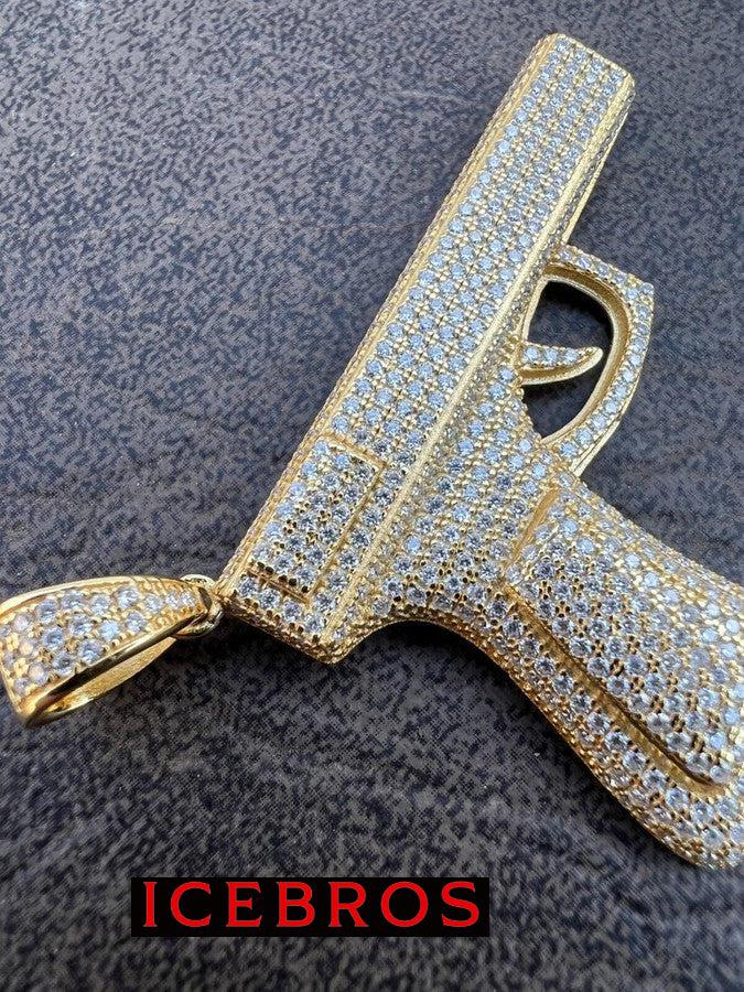 MOISSANITE Solid 925 Sterling Silver Gold Gun Pistol Iced Necklace Pendant Hip Hop