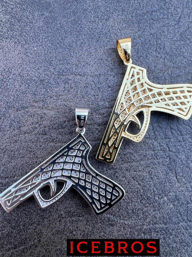 MOISSANITE Solid 925 Sterling Silver Gold Gun Pistol Iced Necklace Pendant Hip Hop