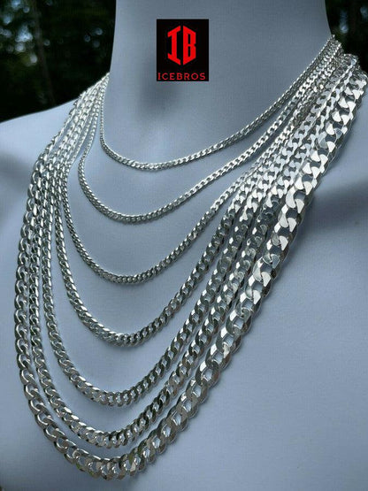 White Gold Vermeil Over Solid Italian 925 Silver Flat Miami Cuban Link Chain Necklace (3-11mm)