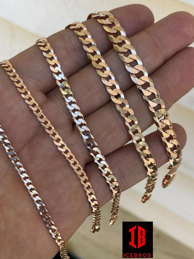 14k Rose Gold Vermeil Over Solid Italian 925 Silver Flat Miami Cuban Link Chain Necklace (3-8mm)