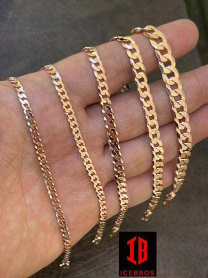 14k Rose Gold Vermeil Over Solid Italian 925 Silver Flat Miami Cuban Link Chain Necklace (3-8mm)