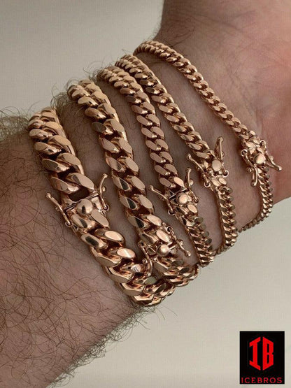 14k Rose Gold Over Solid 925 Silver ITALY Miami Cuban Link Bracelet With Box Lock