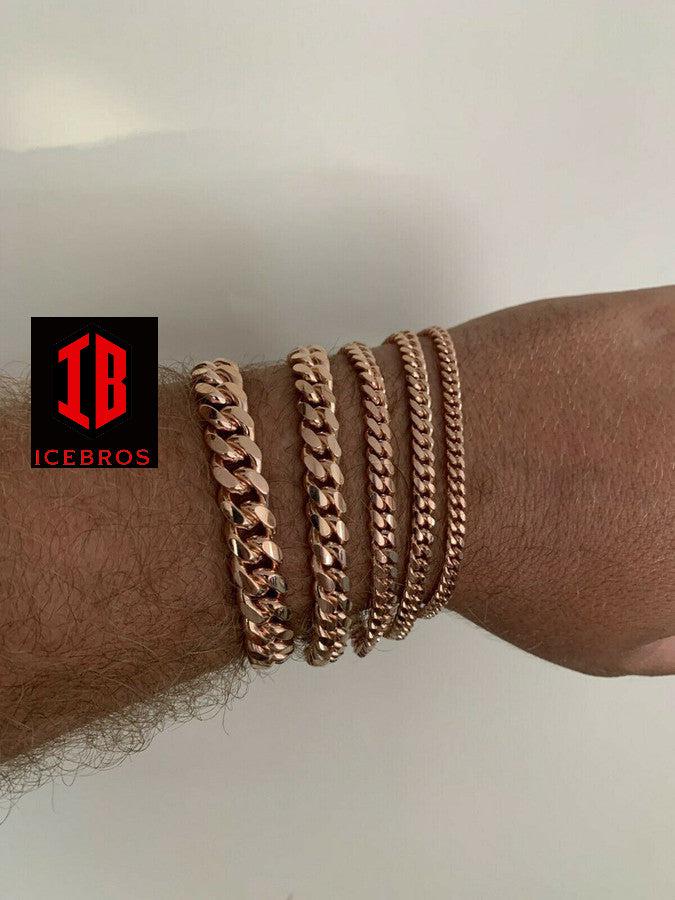 14k Rose Gold Over Solid 925 Silver ITALY Miami Cuban Link Bracelet With Box Lock