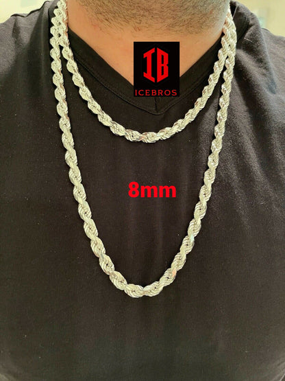 Men's Rope Chain White Gold Over 925 Sterling Silver Chain Necklace (6mm, 8mm ,11mm)