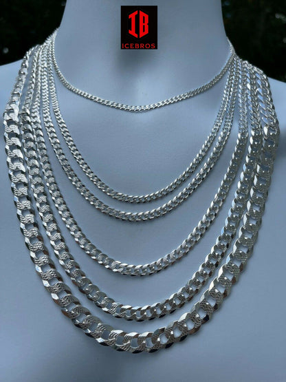 Solid 925 Silver Diamond Cut Flat Miami Curb Cuban Link Chain Necklace (3-11mm)