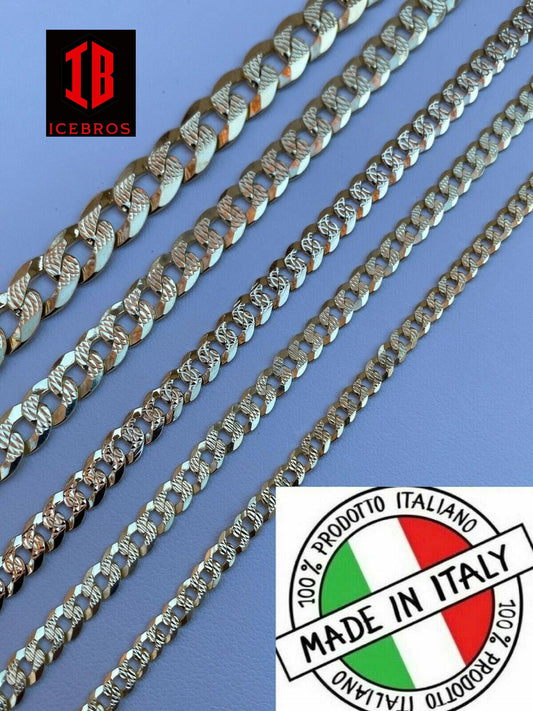 Men's Cuban Link Chain Real 14k Gold & Solid 925 Silver Diamond Cut ITALY (4-11mm)