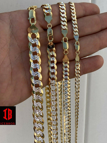 10K/14K Over 925 Silver Diamond Cut Flat Miami Curb Cuban Link Chain Necklace (3-11mm)