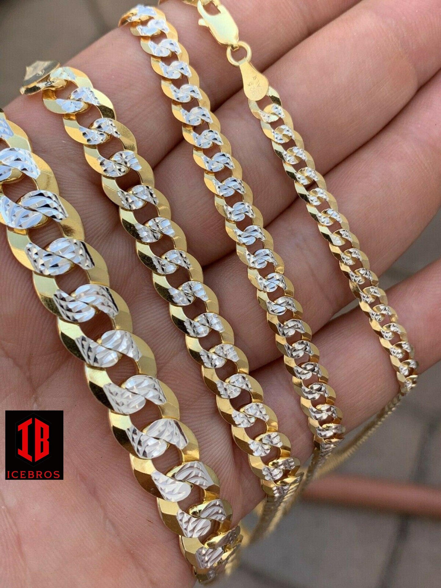 10K/14K Over 925 Silver Diamond Cut Flat Miami Curb Cuban Link Chain Necklace (3-11mm)