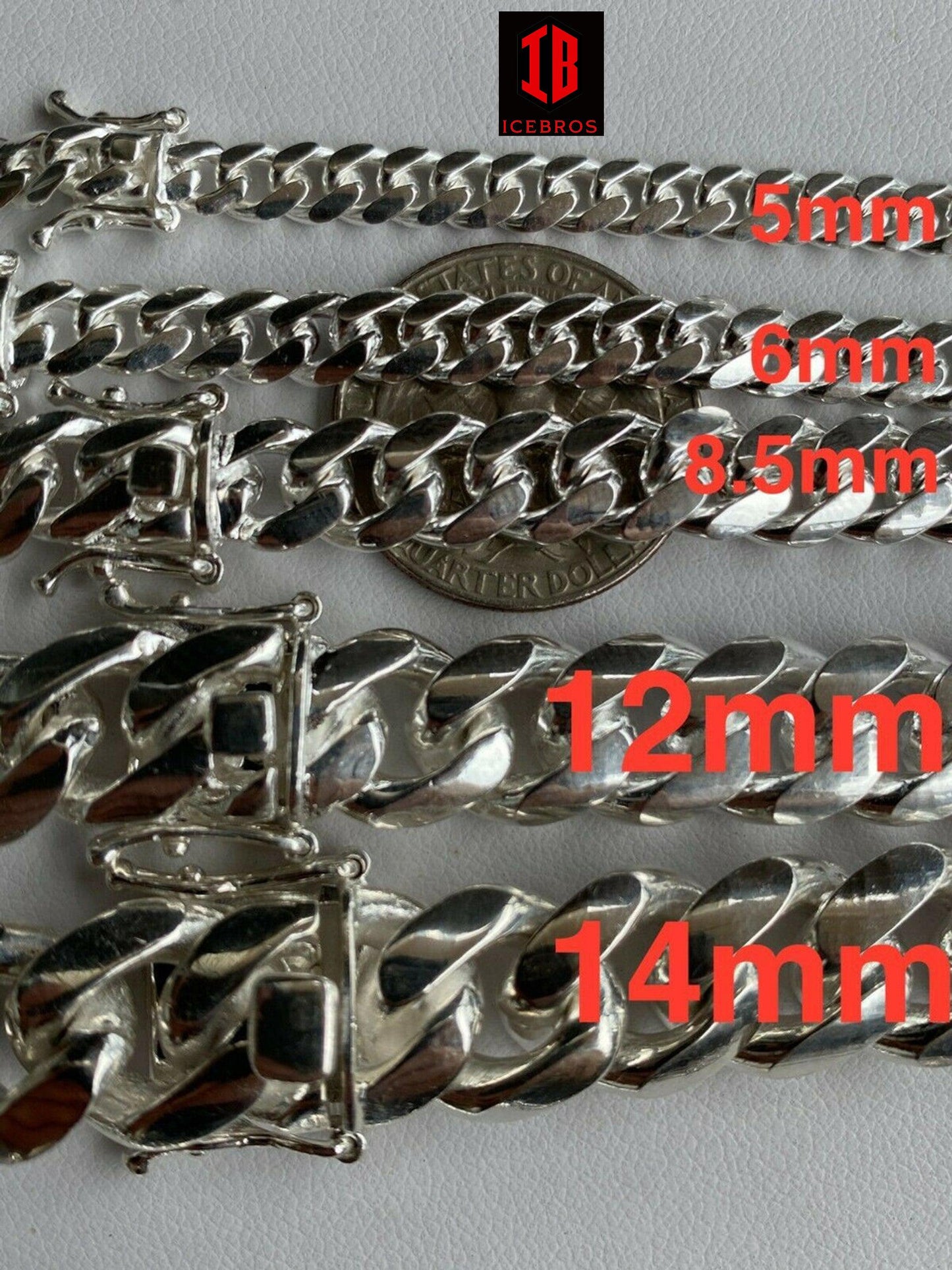 925 Vermeil Sterling Silver Men's Miami Cuban Link Chain Necklace Box Clasp (5-14mm)