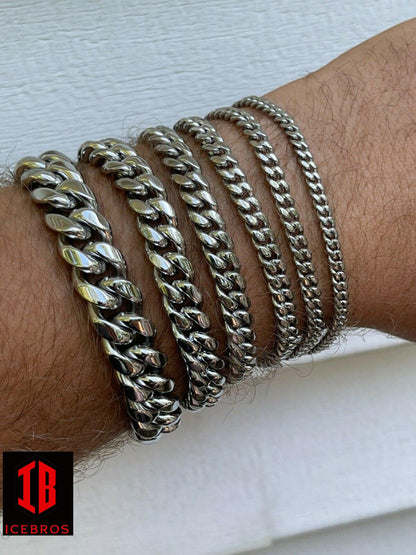 Miami Cuban Link Bracelet White Gold Over Stainless Steel (4-14mm)