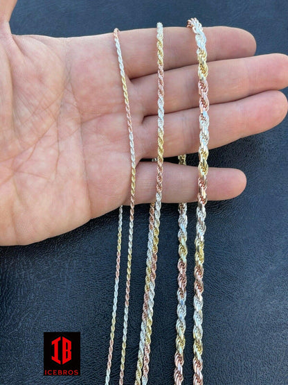 Vermeil 925 Sterling Silver, Yellow, & Rose Gold Tri Color Rope Chain Necklace (2-5mm)