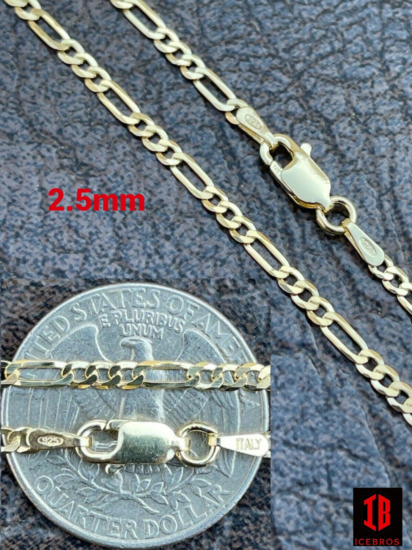 14k Gold Over Solid 925 Sterling Silver Figaro Chain Necklace ITALY (2mm-10mm)