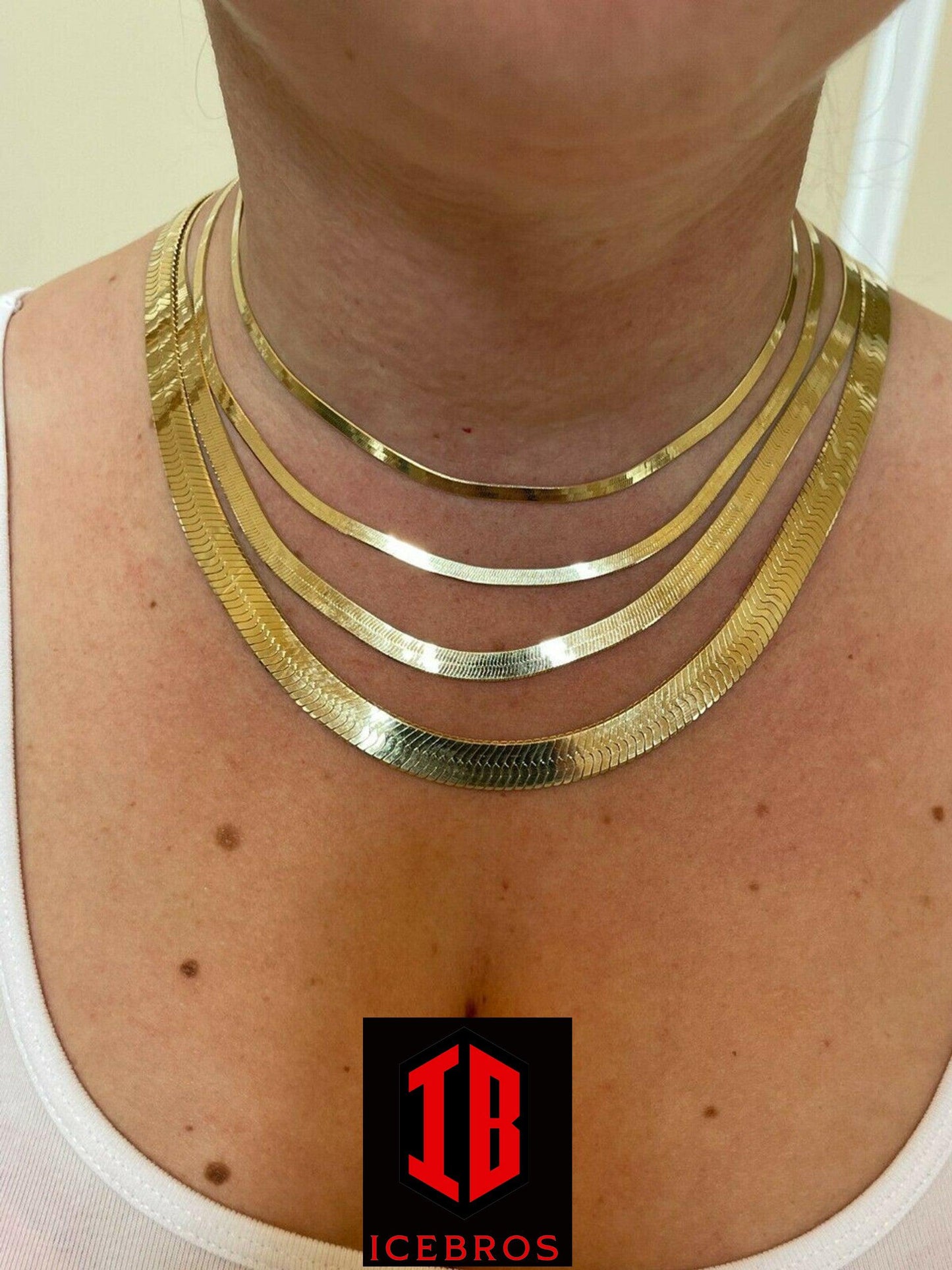 925 Sterling Silver  Diamond Cut Vermeil Herringbone Chain Necklace 14inch- 28inch (3-9mm)