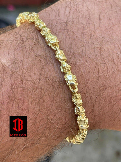 men's 14k Gold Over Solid 925 Sterling Silver Gold Nugget Link Bracelet 7-8.5inch (5.5mm)