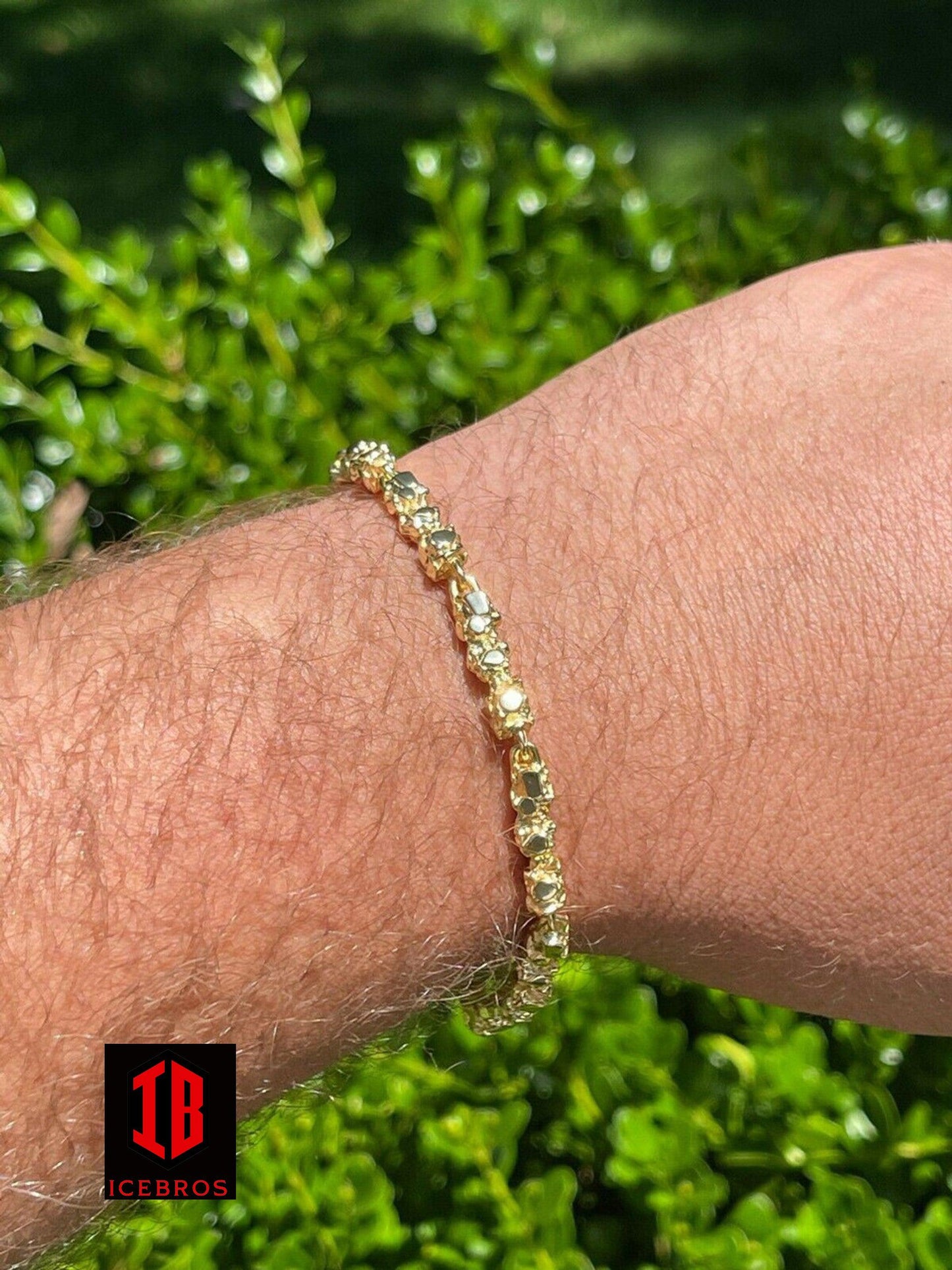 men's 14k Gold Over Solid 925 Sterling Silver Gold Nugget Link Bracelet 7-8.5inch (5.5mm)