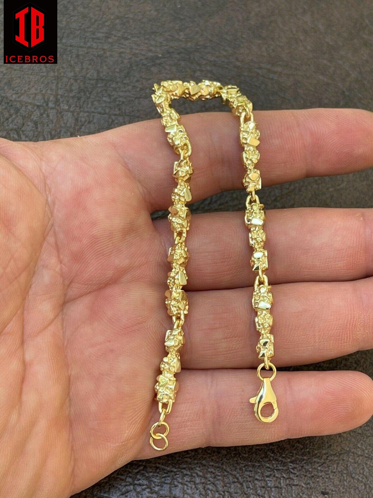 men's 14k Gold Over Solid 925 Sterling Silver Gold Nugget Link Bracelet 7-8.5inch (5.5mm)