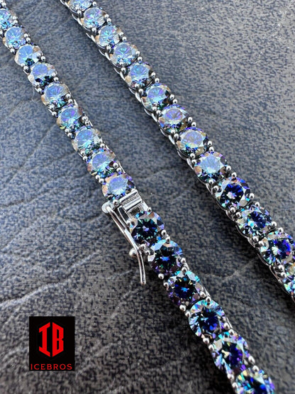 Iced Blue MOISSANITE Stone Tennis Chain 925 Silver Iced Necklace Pass Diamond Test (3mm-5mm)