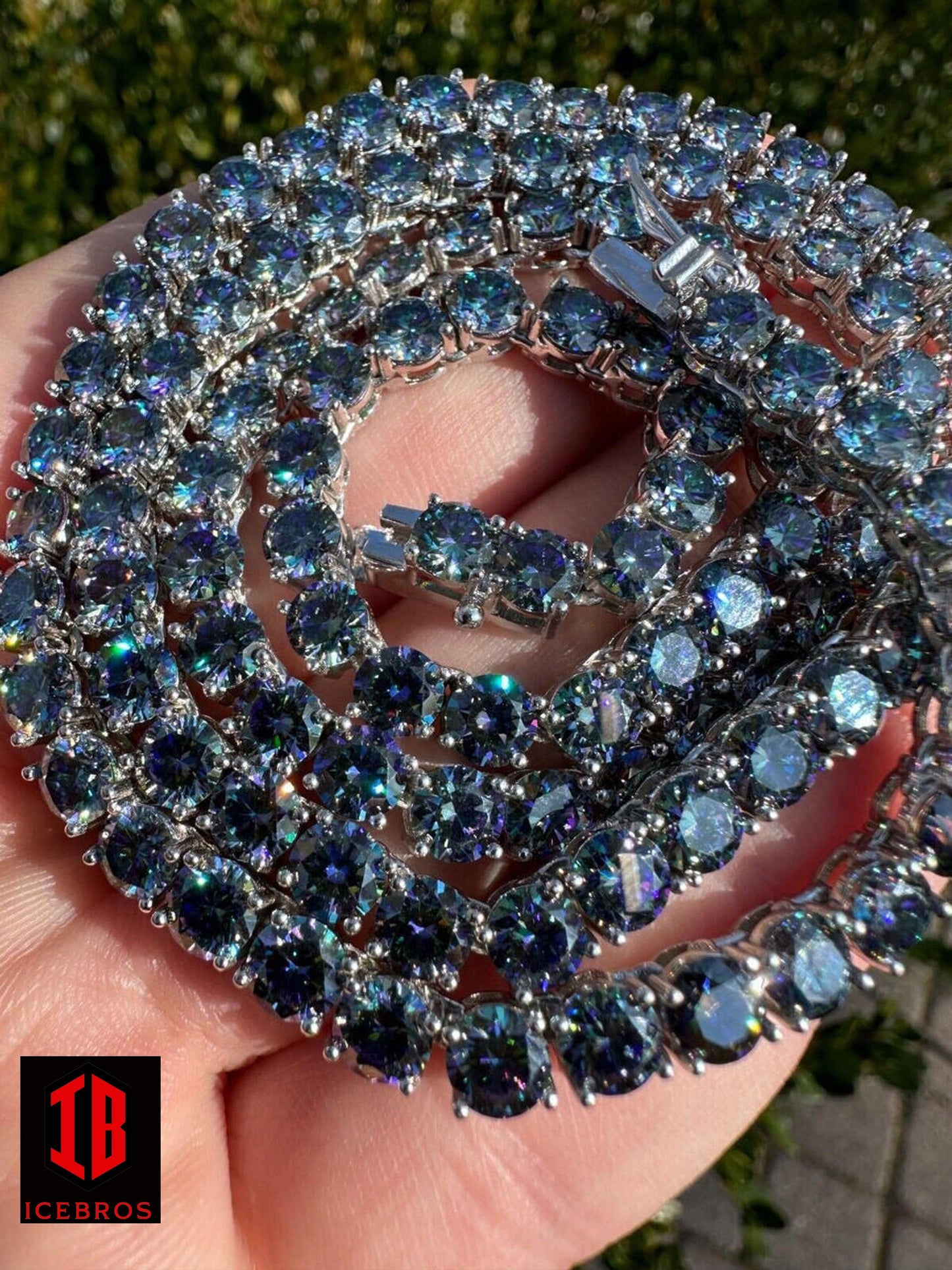 Iced Blue MOISSANITE Stone Tennis Chain 925 Silver Iced Necklace Pass Diamond Test (3mm-5mm)