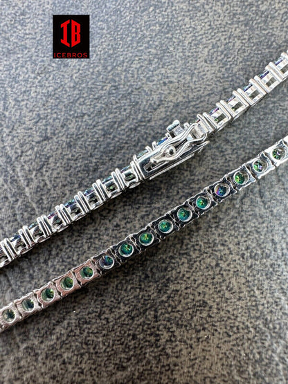 Iced Blue MOISSANITE Stone Tennis Chain 925 Silver Iced Necklace Pass Diamond Test (3mm-5mm)