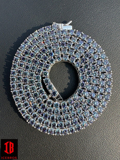 Iced Blue MOISSANITE Stone Tennis Chain 925 Silver Iced Necklace Pass Diamond Test (3mm-5mm)