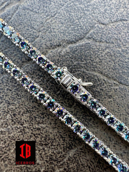 Iced Blue MOISSANITE Stone Tennis Chain 925 Silver Iced Necklace Pass Diamond Test (3mm-5mm)