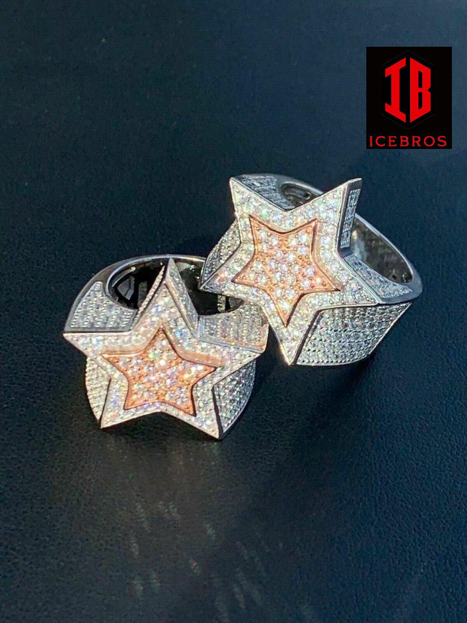 Men's Hip Hop 3D STAR Solid Rose Gold & 925 Silver Diamond Pinky RING Real (CZ)