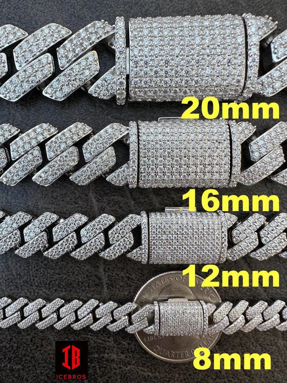 White Gold Cuban Link Chain in various widths, ranging from delicate to bold. The chain sizes are depicted side by side, highlighting the differences in their appearance and style