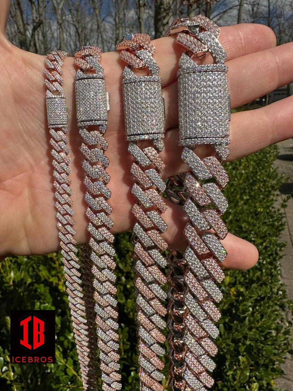 Hand model showcasing a Fornt side  of luxurious Rose Gold Miami Necklace Cuban Link Chain with different sizes