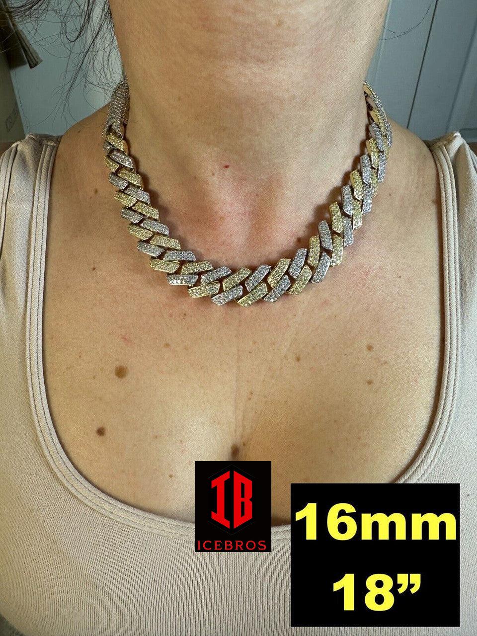 Gold and White Two-Prong Cuban Link Chain Necklace Displayed on Woman's Neck