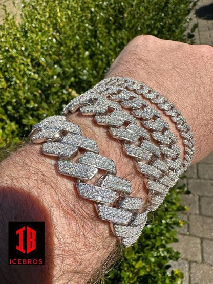 luxurious White Gold Miami Cuban Link Bracelet adorned with brilliant VVS Moissanite stones of various sizes, showcasing exquisite craftsmanship and design