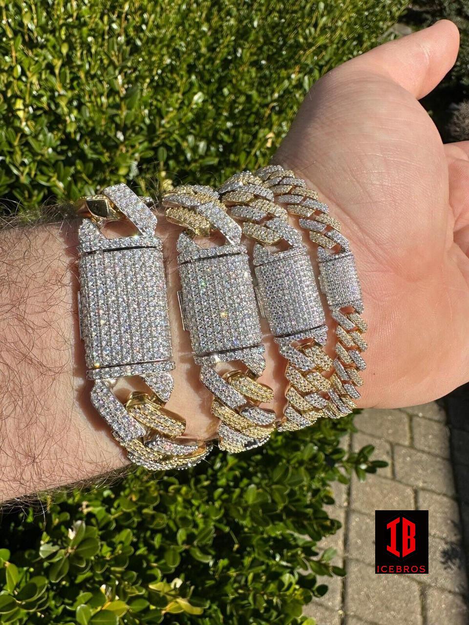 Close-up view of a male hand model wearing a stylish 14k Yellow & White Gold VVS Moissanite Miami Cuban Link Bracelet in various sizes.