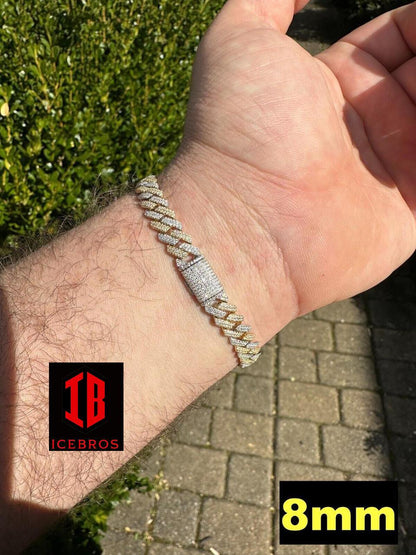 8mm 14k Yellow & White Gold Diamond Moissanite Miami Cuban Link Bracelet. The focus is on the intricate Buckle Clasp of the bracelet, showcasing its detailed design and secure fastening mechanism