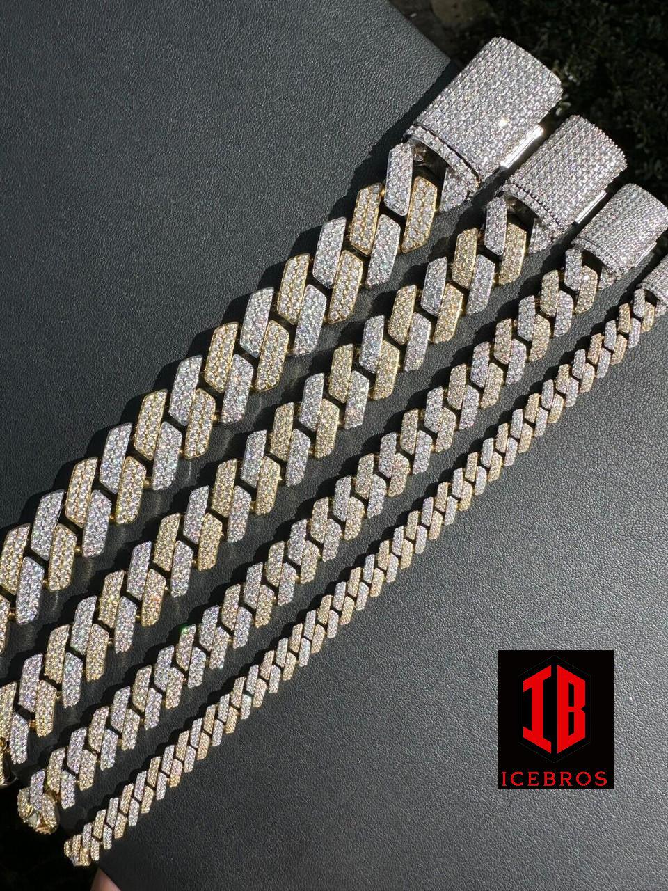 14k Yellow & White Gold Diamond Moissanite Miami Cuban Link Bracelet, elegantly draped across a diverse range of wrist sizes. The bracelet sparkles in the light, showcasing its intricate design and luxurious materials