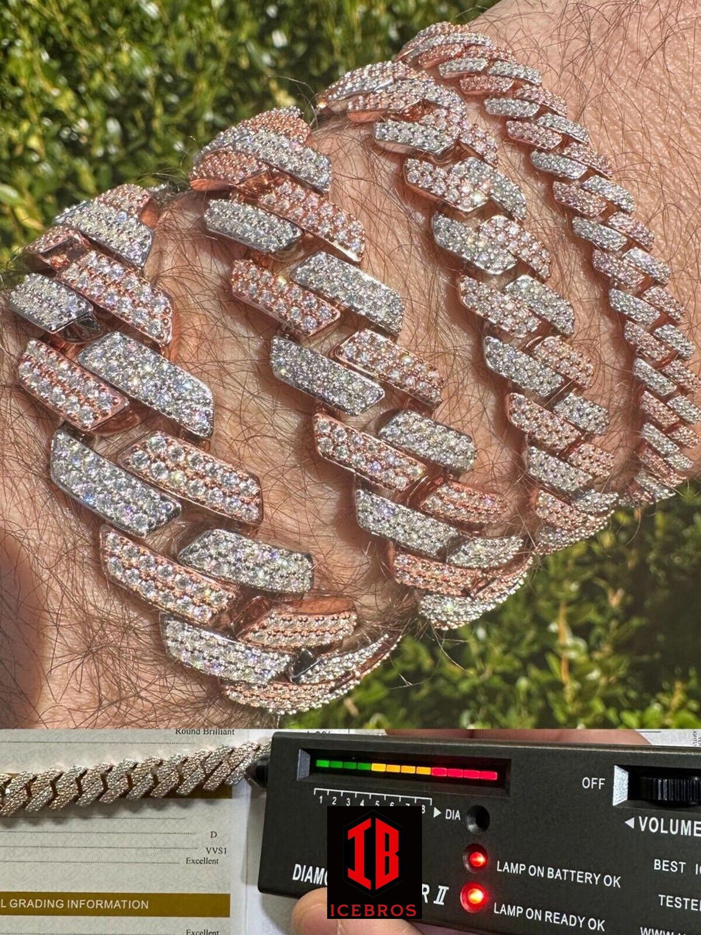 Close-up view of a male hand model wearing a stylish 14k Rose & White Gold VVS Moissanite Miami Cuban Link Bracelet in various sizes.