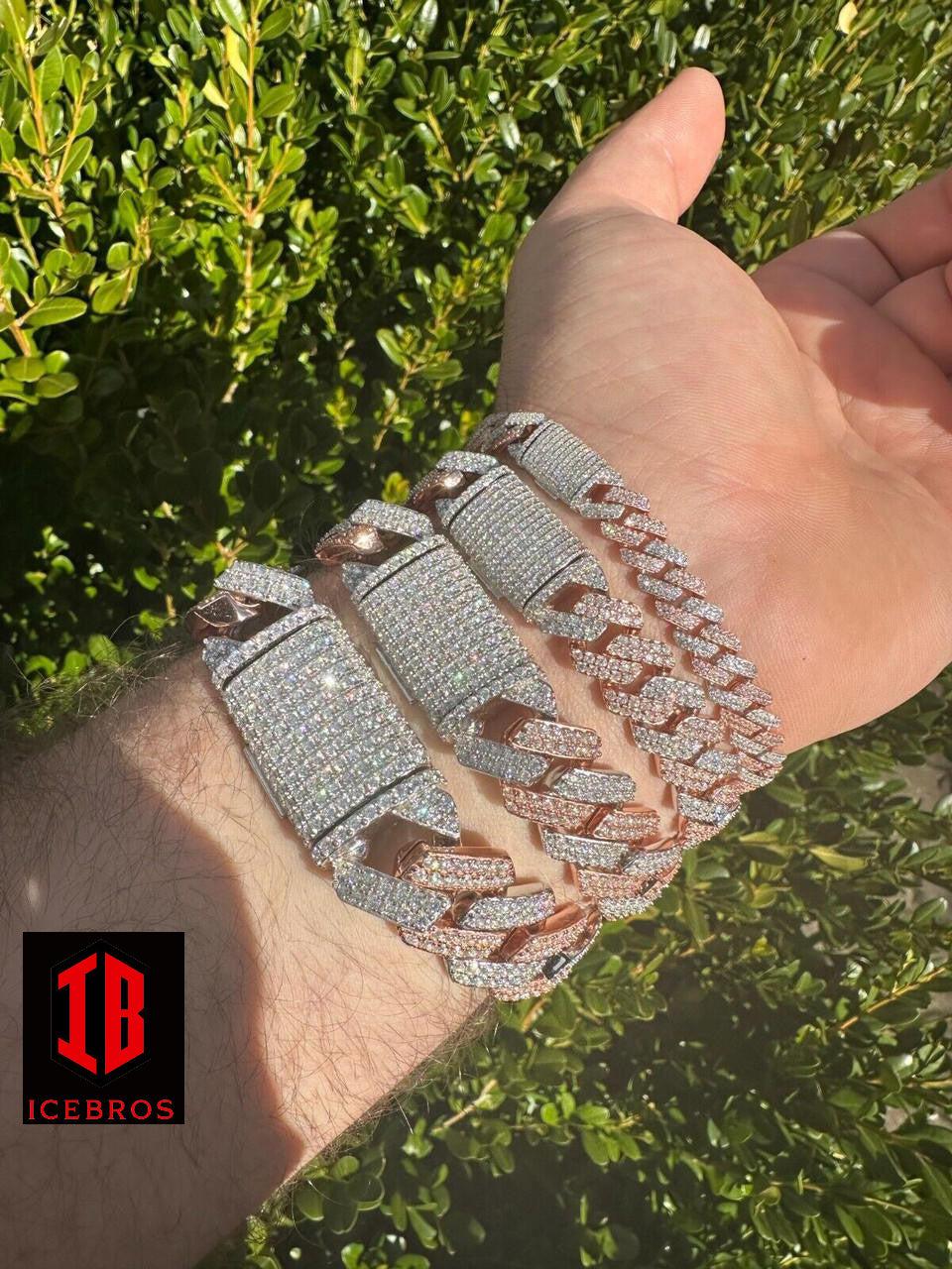 Close-up view of a male hand model wearing a stylish 14k Rose & White Gold VVS Moissanite Miami Cuban Link Bracelet in various sizes.