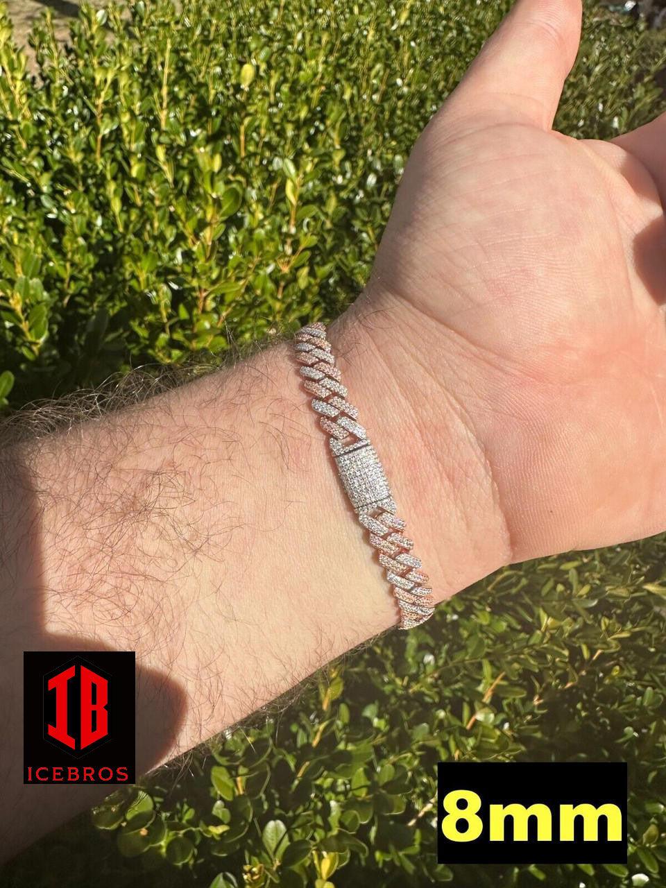 8mm 14k Rose & White Gold Diamond Moissanite Miami Cuban Link Bracelet. The focus is on the intricate Buckle Clasp of the bracelet, showcasing its detailed design and secure fastening mechanism