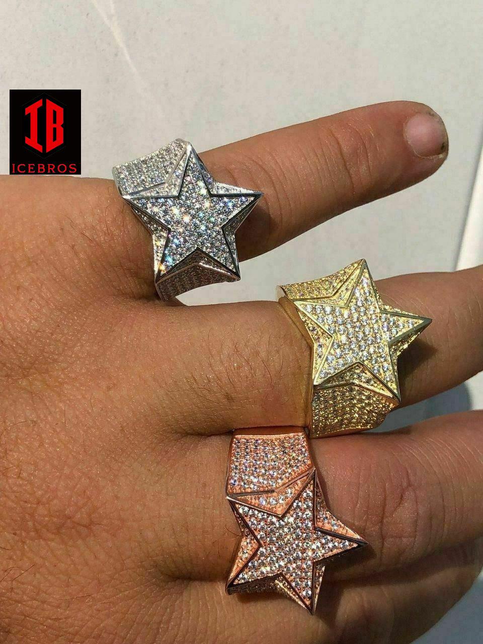 Star Ring Diamond Pinky Solid 925 Sterling Silver 14k Gold / Rose Gold Men's (CZ)