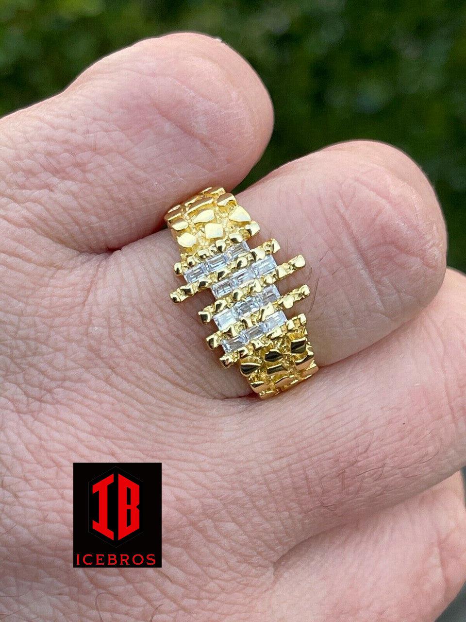 Men's Solid 925 Sterling Silver & 14k Gold Nugget Ring Baguette Iced Hip Hop Ring (CZ)