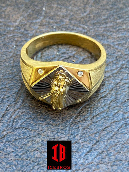 Men's Ilusion Solid 14k Gold & 925 Sterling Silver Grim Reaper Santa Muerte Ring (CZ)