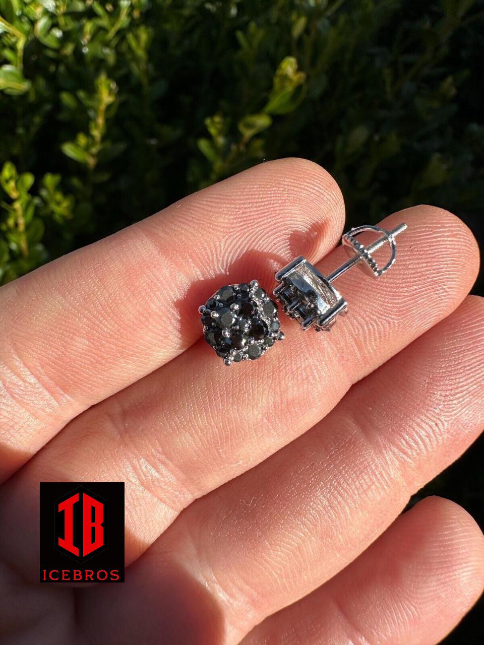 Real Black MOISSANITE Oxidized Rhodium 925 Silver Round Cluster Earrings (White Gold)