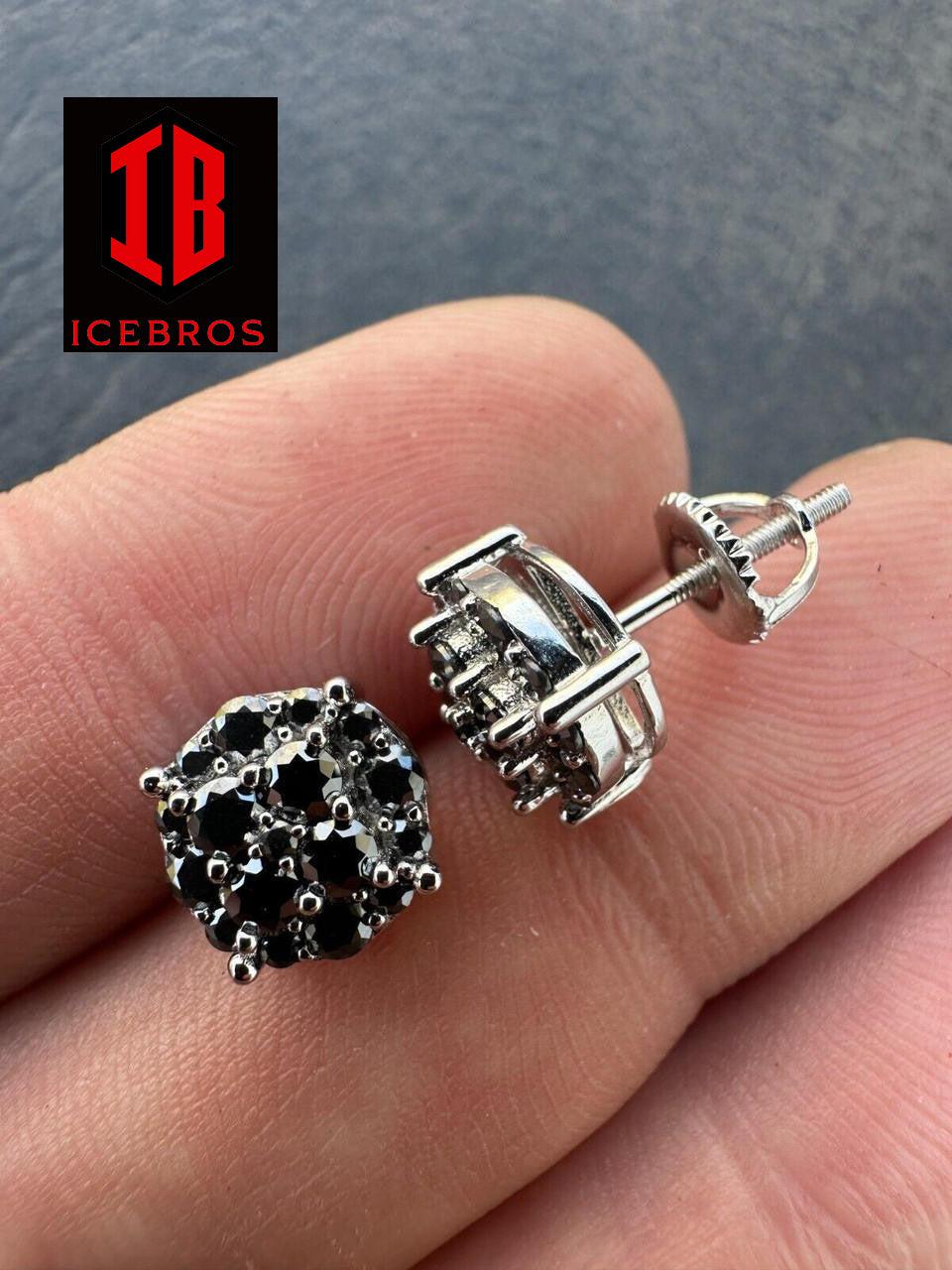 Real Black MOISSANITE Oxidized Rhodium 925 Silver Round Cluster Earrings (White Gold)