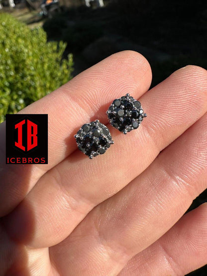 Real Black MOISSANITE Oxidized Rhodium 925 Silver Round Cluster Earrings (White Gold)