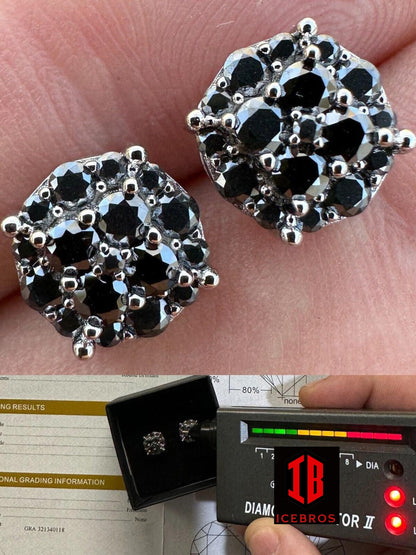 Real Black MOISSANITE Oxidized Rhodium 925 Silver Round Cluster Earrings (White Gold)